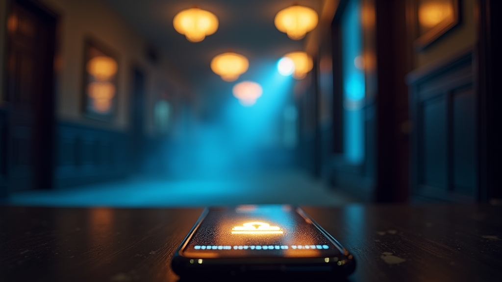 Celular Android exibindo uma tela de download da Topbet em ambiente de cassino escuro