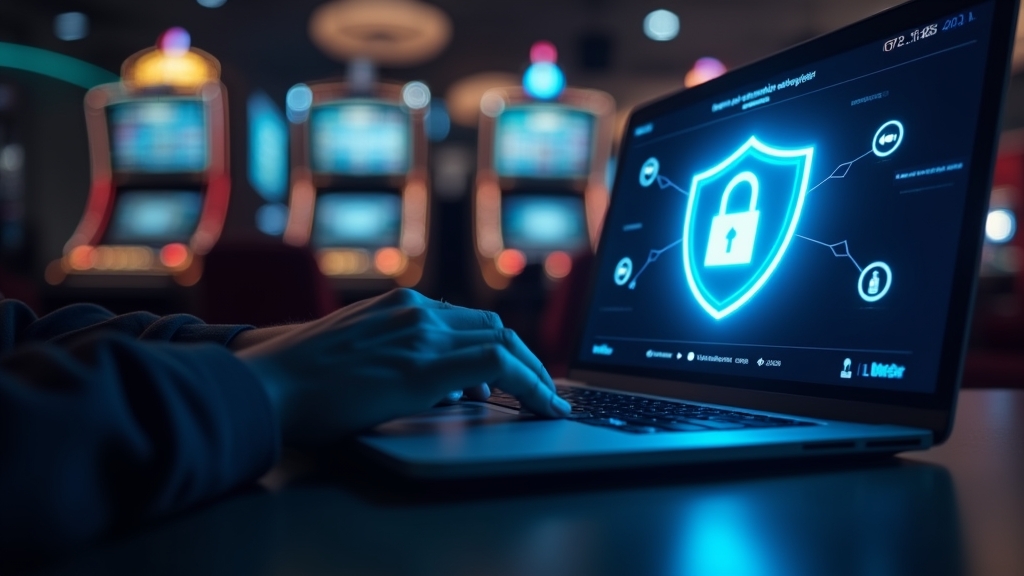 Usuário protegendo o login em laptop com ícone de segurança e cassino ao fundo