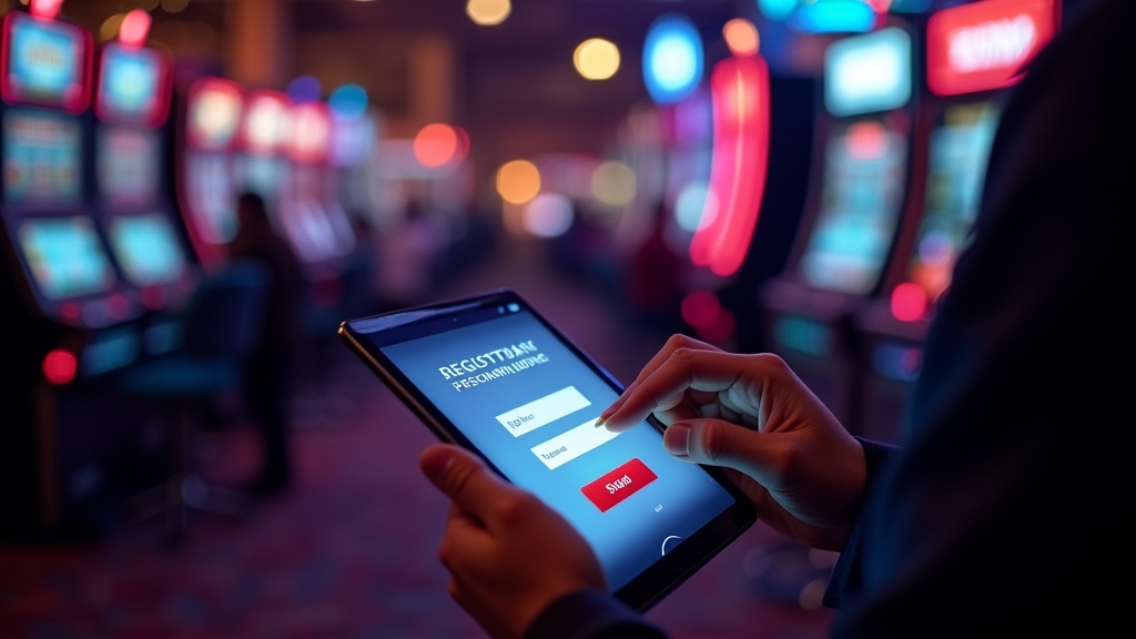 Formulário de cadastro em tablet com fundo de cassino iluminado