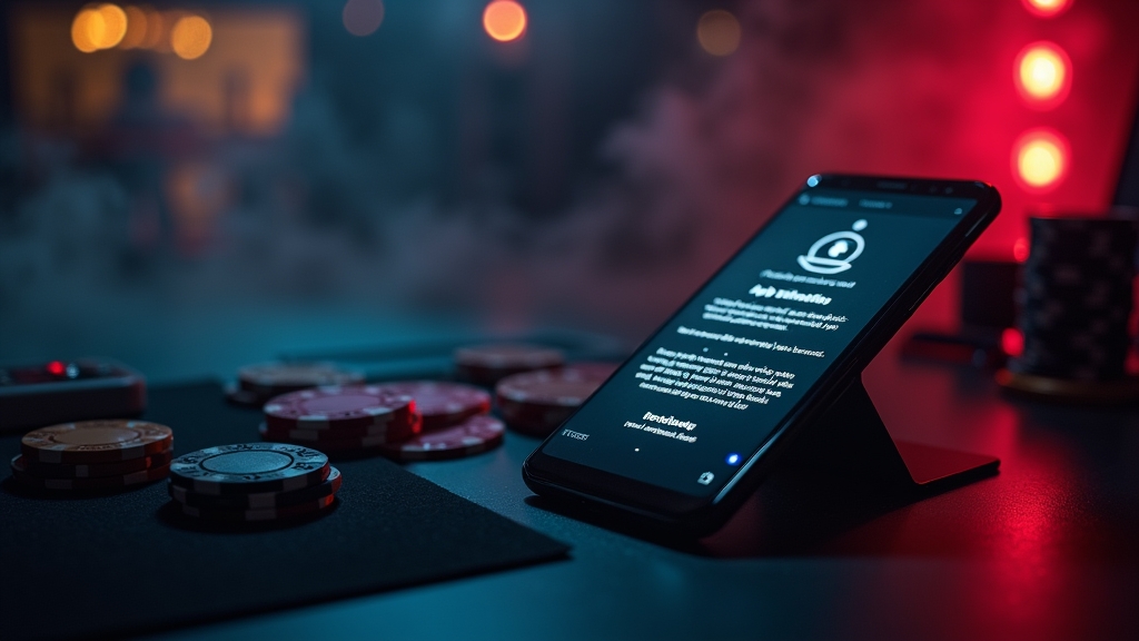 Celular com permissões e suporte da Topbet Android App em cenário de cassino escuro