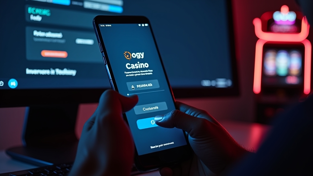 Tela de login em cassino com celular, computador e luzes neon
