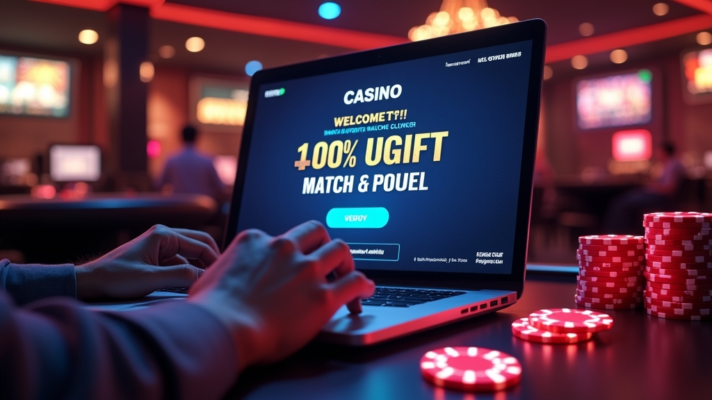 Jogador vendo um bônus de boas-vindas em uma tela de cassino
